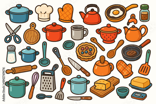 Colorful collection of kitchen utensils and cookware including pots, pans, and tools.
