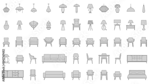 Set of detailed vector illustrations featuring various home interior furniture, including lamps, chairs, and sofas, displayed in both top-down plan view and front elevation perspectives, ideal for arc