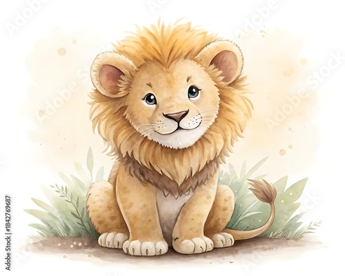 Cute baby lion cub watercolor illustration sitting in grass
