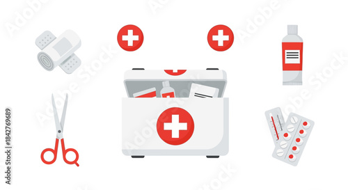 White First Aid Kit with Red Cross Symbol, Open and Containing Medical Supplies.
