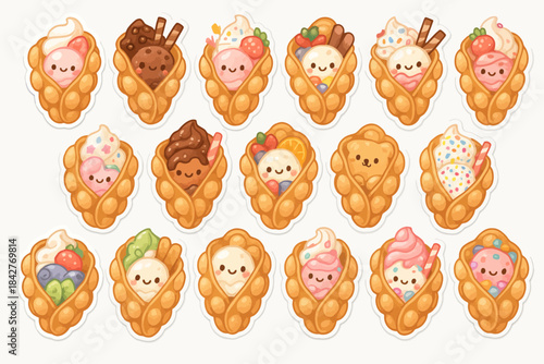 Cute dessert waffle characters with various sweet toppings.