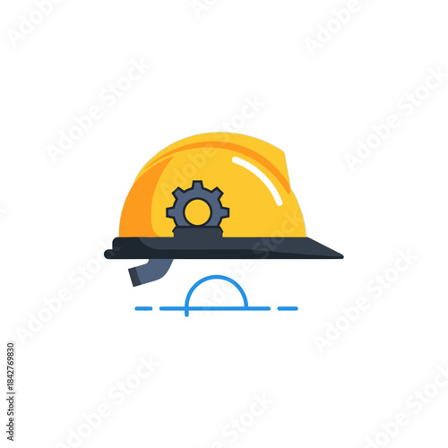 Yellow Construction Helmet with Gear Symbol, Flat Design, Safety Equipment.