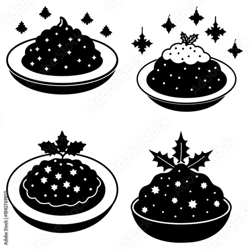 Four Christmas Pudding Desserts with Holly Decorations on White Background stars snowflakes