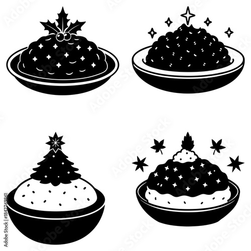 Four Christmas Pudding Desserts with Festive Decorations on White Background holiday