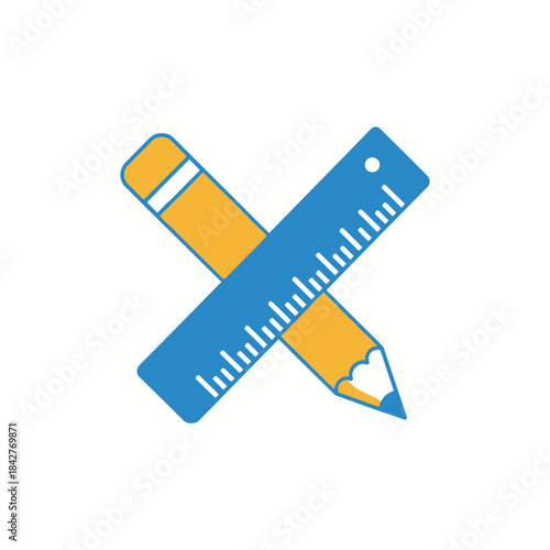Yellow pencil and blue ruler crossed in a flat design vector icon.