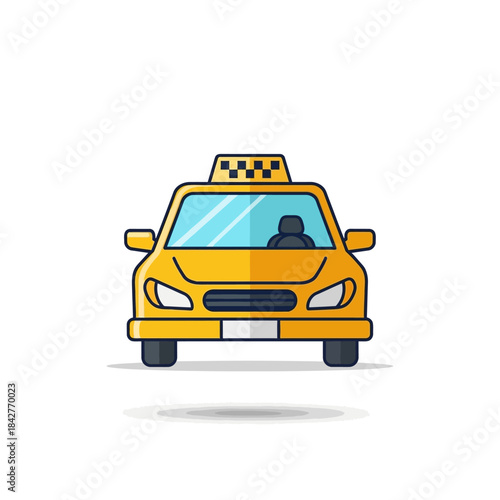 Yellow taxi cab illustration with a checkered roof sign, shown from a direct front view with a driver silhouette.