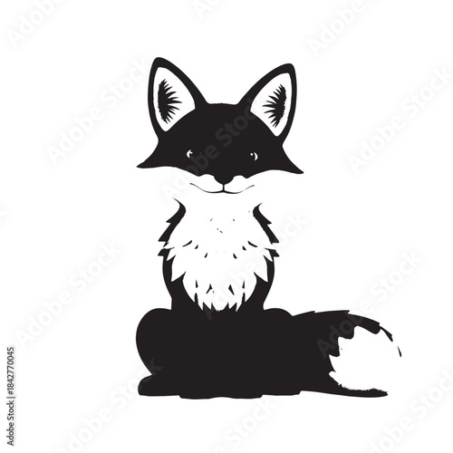 Whimsical black and white fox illustration sitting calmly in profile.