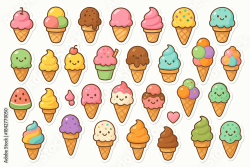 Cute colorful kawaii ice cream stickers with smiling faces in various flavors.