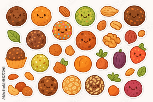 Variety of colorful smiling cartoon cookies and nuts with leaves and fruits.