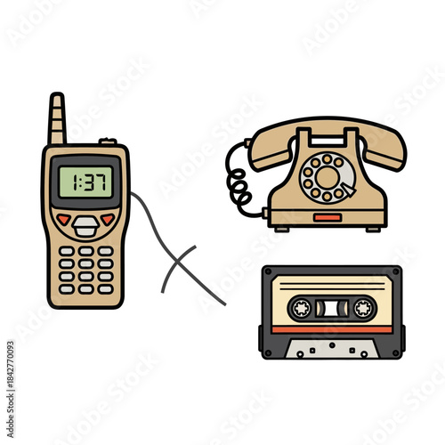 Vintage Communication Devices - Cellphone, Rotary Phone, and Cassette Tape.