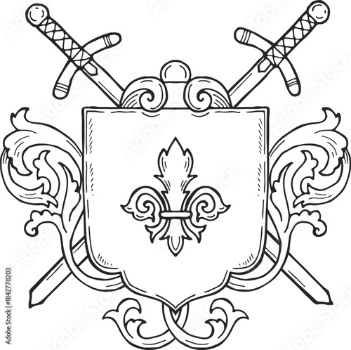 A shield with a sword and a fleur de lis on it