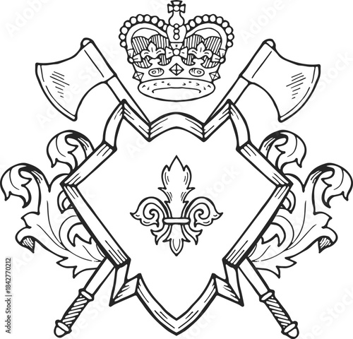 A black and white drawing of a shield with a crown and two axes on it