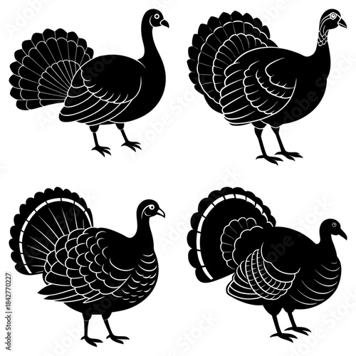 Four black and white turkey silhouettes with detailed feather patterns on transparent background bird 3