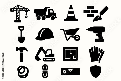 Construction icons set: tools, equipment, and safety symbols.