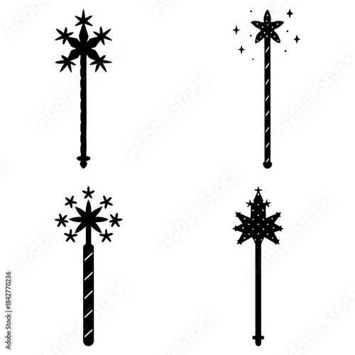 Four Magical Wands with Stars and Sparkles on White Background fantasy