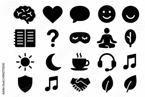 Collection of simple black icons: emotions, nature, meditation, and communication.
