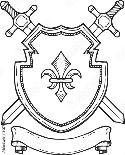 A shield with a sword and a fleur de lis on it