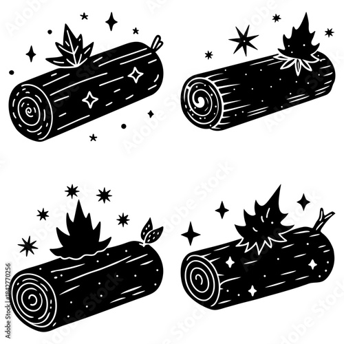 Four Burning Logs with Flames and Spark Effects on White Background fire