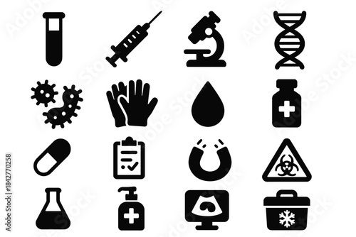 Medical icons: syringe, microscope, dna, bacteria, caution signs, and more.