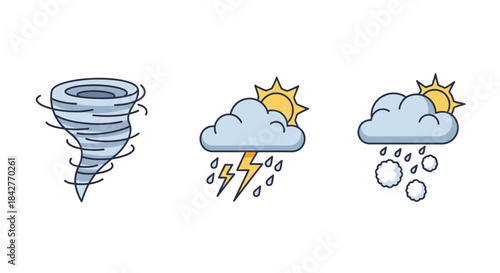 Weather Icons - Tornado, Thunderstorm, and Hailstorm Illustrations.