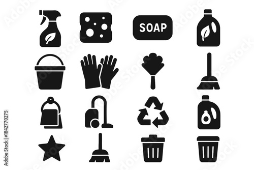 Cleaning icons set: spray bottle, soap, gloves, mop, vacuum, recycle symbol.