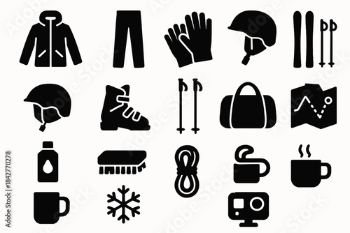 Essential winter ski gear icons: jacket, pants, gloves, helmet, and more.