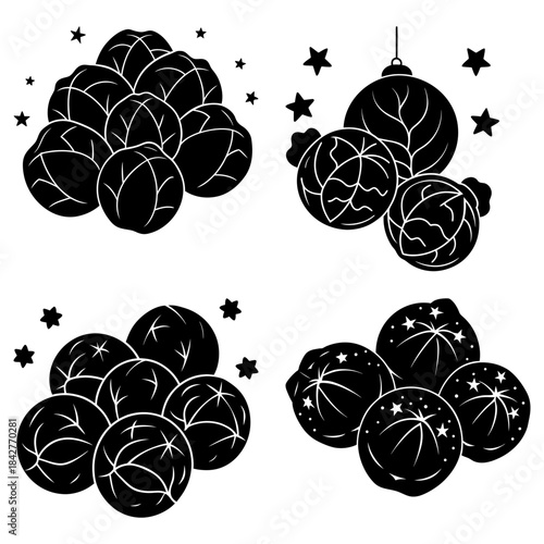 Cluster of black and white cabbage shapes with stars on white background vegetable