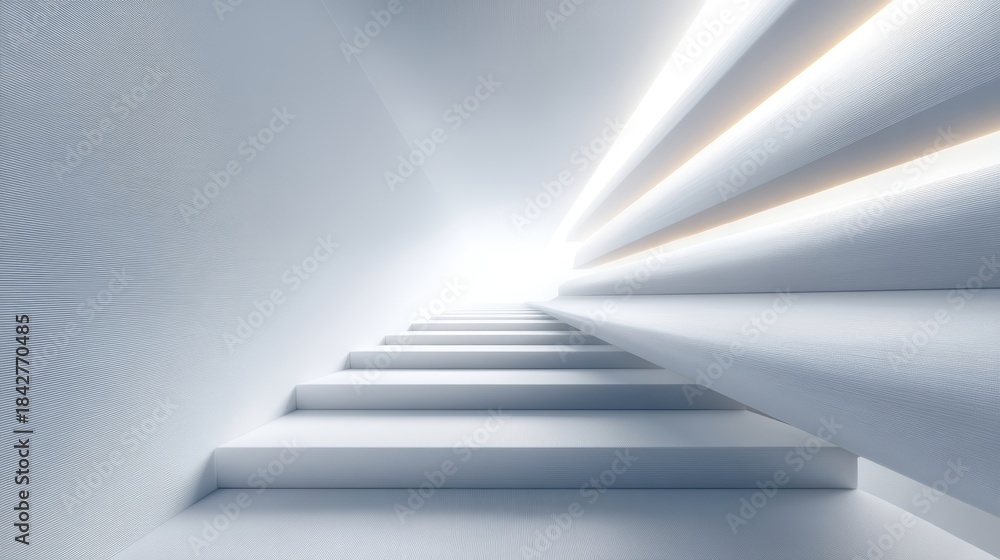 Obraz premium White staircase ascending to light bright white staircase ascends guiding viewer towards luminous ethereal destination