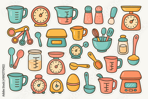 Colorful kitchen utensils and gadgets collection for cooking and baking enthusiasts