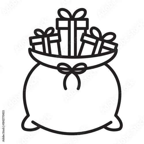 Christmas Santa gift bag gift boxes line icon with editable stroke. Minimal festive vector for holiday design; cards; web; print; New Year projects; sales and winter celebrations.