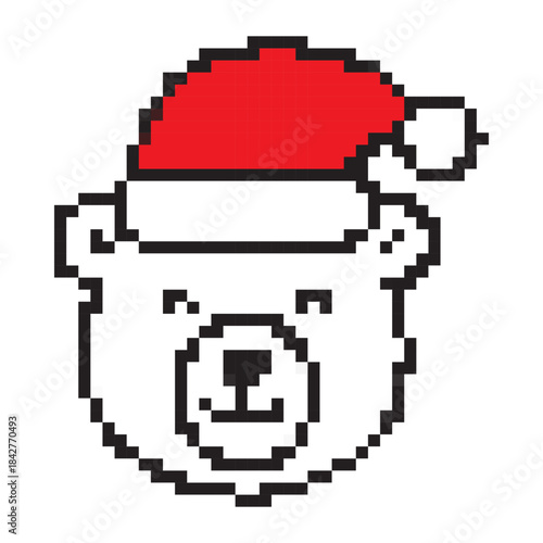 Polar bear in Santa hat pixel art icon. Minimal cute Christmas character for winter holiday cards, web, and festive branding. 8 bit vector illustration