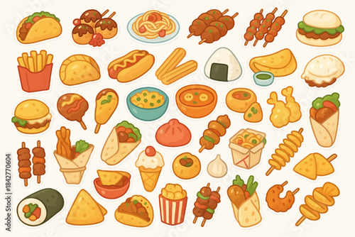Illustrated assortment of various street foods and snacks.