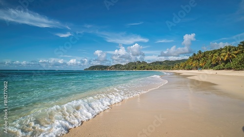 Fototapeta Naklejka Na Ścianę i Meble -  Tropical beach with blue sky, white clouds, palm trees, and calm turquoise water, ideal for relaxation and vacation.