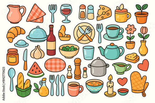 Colorful illustration of kitchen and dining items including crockery and utensils.