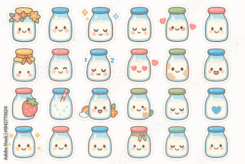 Adorable kawaii jars with cute faces and expressions.