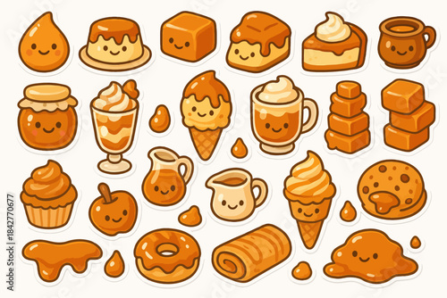 Cute caramel-themed desserts with smiling faces and sweet treats.