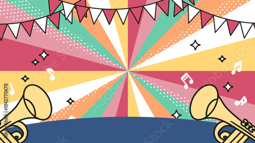 Pop Art Festive Celebration Scene with Trumpets. Perfect for party invitations, music festival graphics, celebration banners, event posters, and festive promotional designs