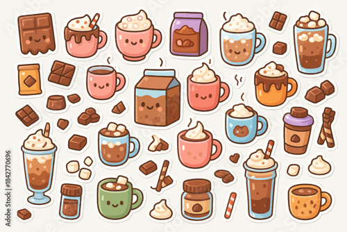 Cute kawaii hot chocolate and coffee stickers with whipped cream and smiling faces.