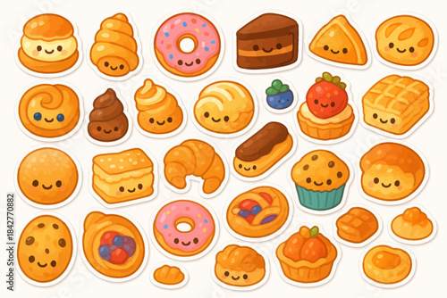 Cute kawaii style assorted pastries and sweets with smiling faces.