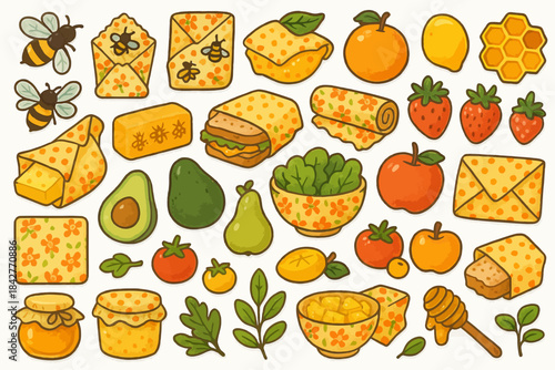 Colorful eco-friendly food wraps and fruits with bees and honey elements.