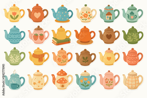 Colorful assorted teapots with playful patterns and designs.
