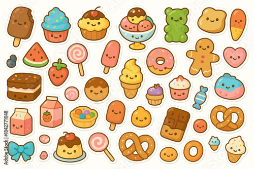 Cute cartoon sweets and desserts assortment with smiling faces.
