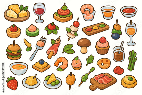 Assorted colorful appetizers and desserts with cheese, shrimp, and fruit.