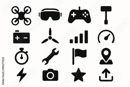 Drone and gaming icons: technology symbols collection.