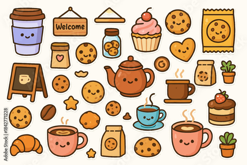 Cute coffee and bakery elements with smiling faces and cookies.