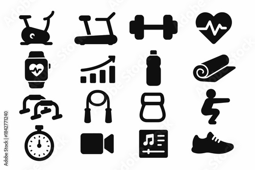 Fitness equipment icons: treadmill, dumbbell, heart rate, yoga mat, stopwatch, kettlebell.