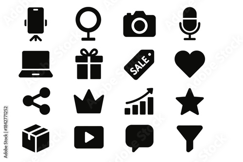 Collection of black icon set featuring laptop, camera, gift, and more.