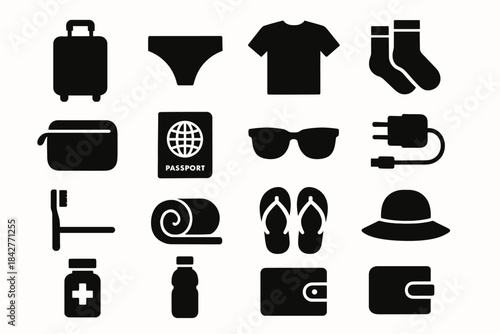Travel essentials icons set: suitcase, clothes, passport, accessories, toiletries.