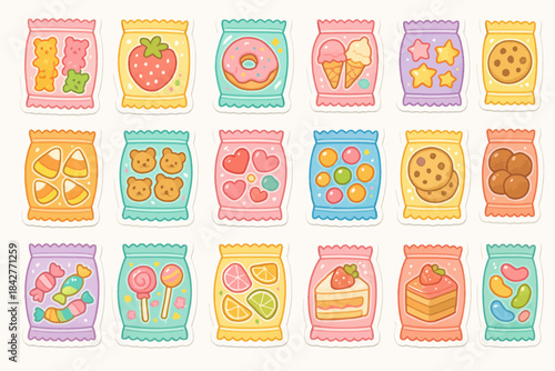 Colorful assorted snack bags with cute cartoon designs of cookies and candies.