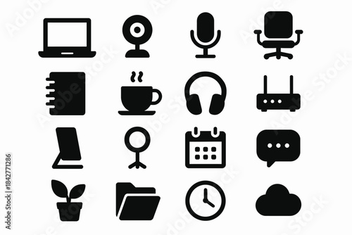 Office electronics and accessories icon set with modern devices.